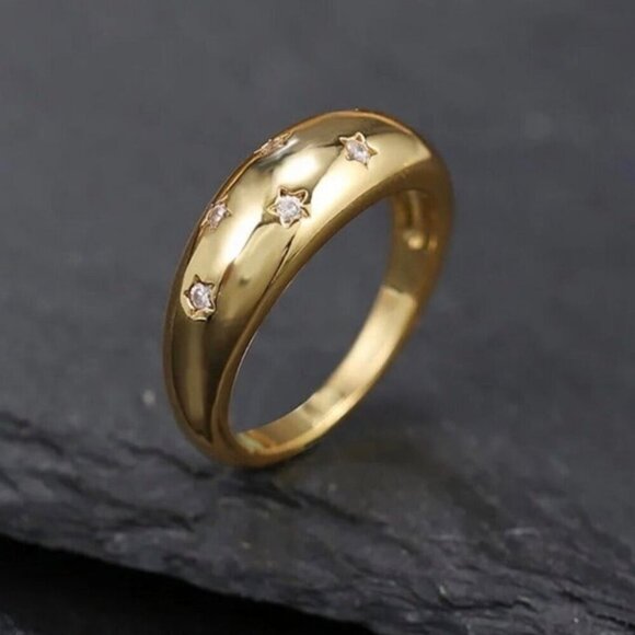 NWT Star Dome Ring 18K Yellow Gold Plated Encrusted With Cubic Zirconia SZ.9 - Picture 5 of 10